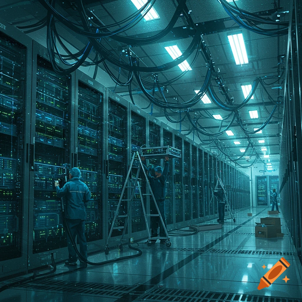Technicians work on servers in a large, futuristic data center with glowing blue lights and overhead cables.
