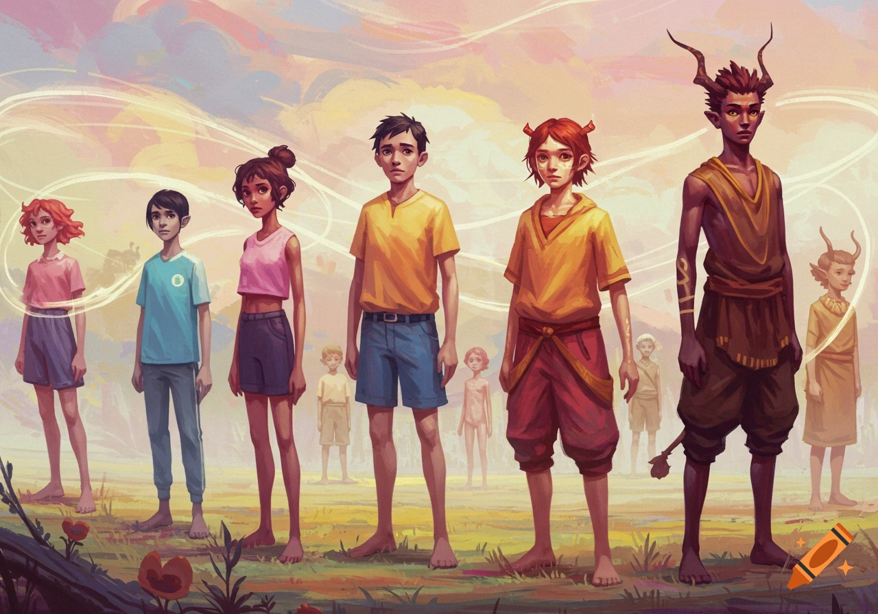 Stylized digital painting of diverse young people, some with horns or pointed ears, standing barefoot in a field under a pastel sky.