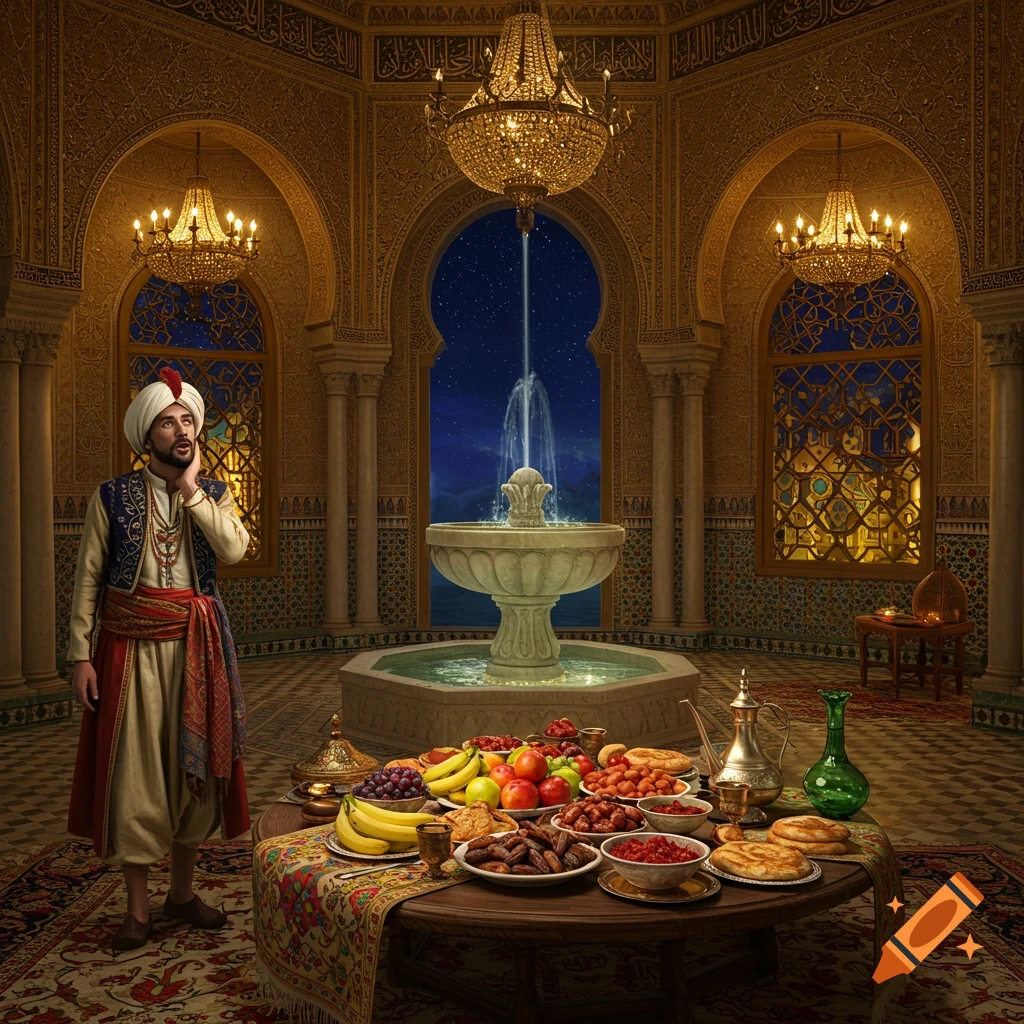 Man in oriental attire in an ornate golden palace, gazing at a fountain under a starry sky with a table full of food.