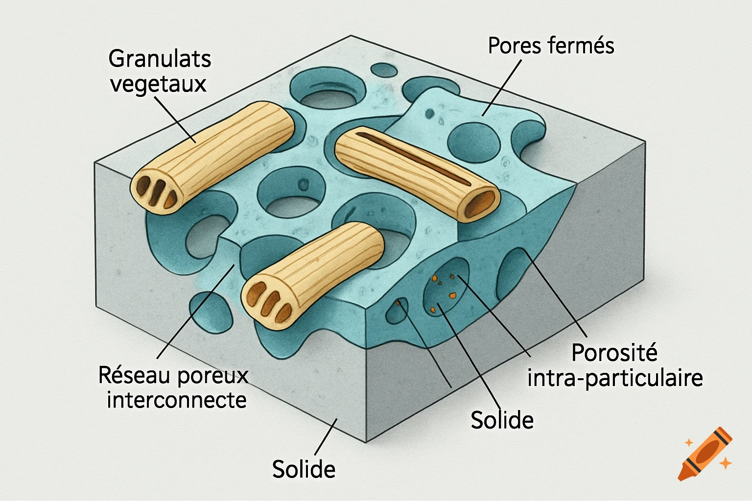 A 3D schematic scientific illustration of a composite material with plant aggregates and a porous network.