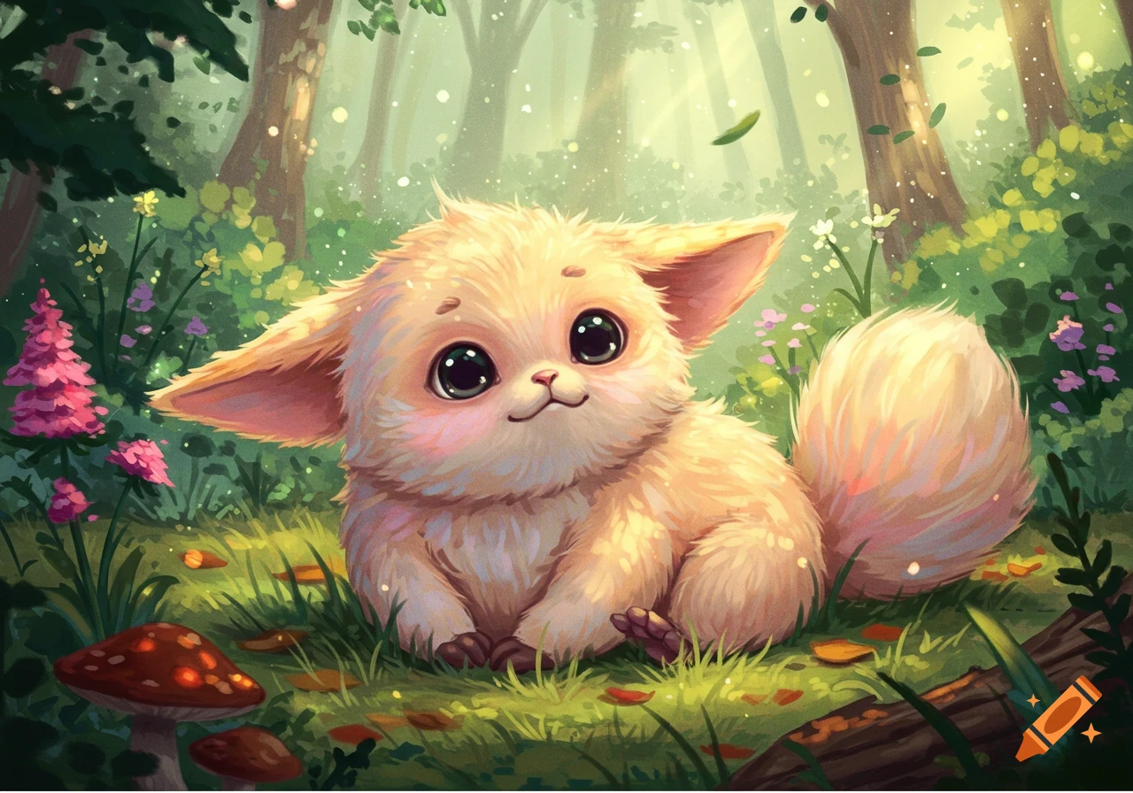 A cute, fluffy, light-colored fantasy creature with big eyes and ears sits in a sunlit forest with flowers and mushrooms, in an illustration.