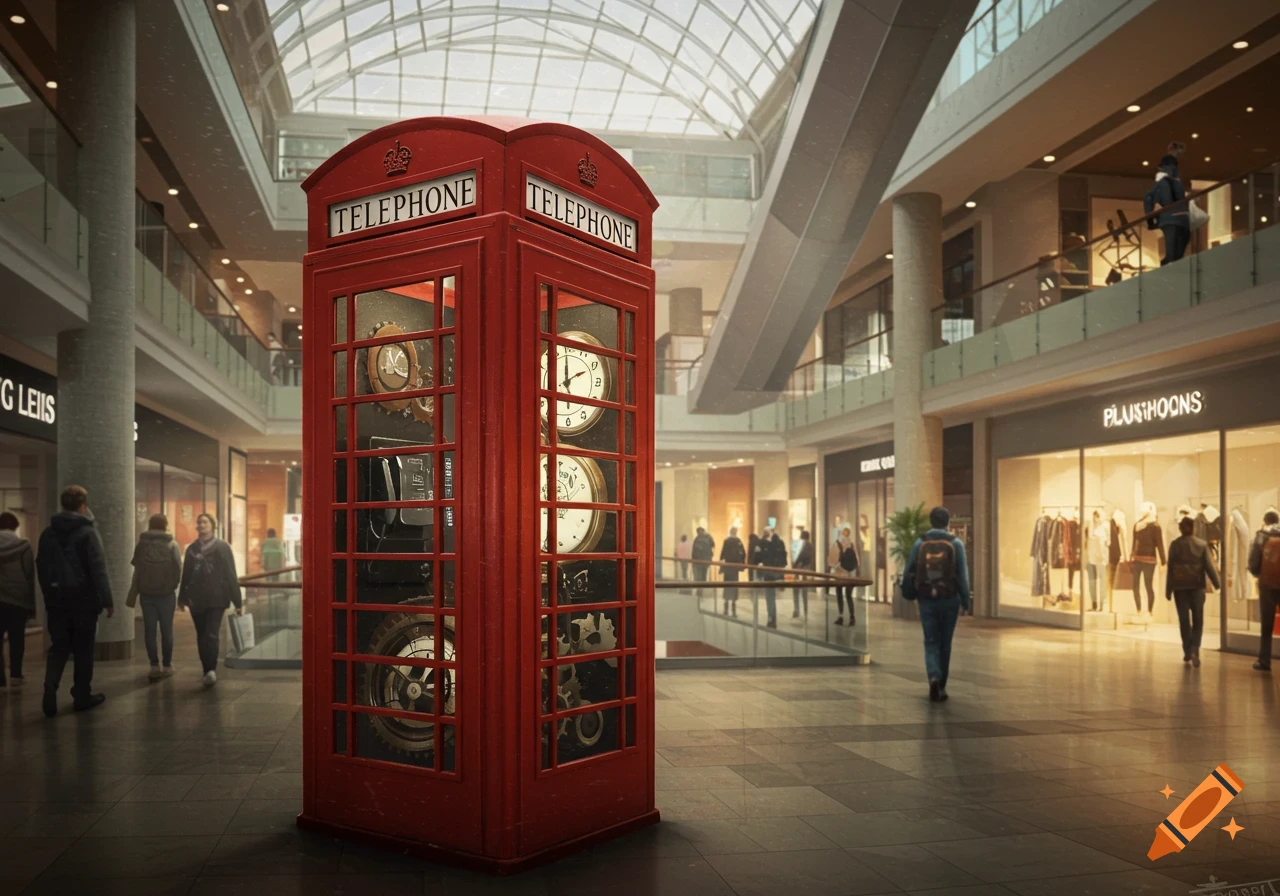 A red phone booth filled with clocks and gears, a time machine, stands in a bustling, brightly lit modern shopping mall.