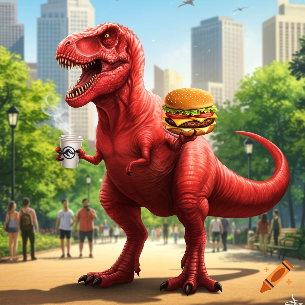 A vibrant red Tyrannosaurus Rex walks through a city park, holding a steaming coffee cup and a large burger.