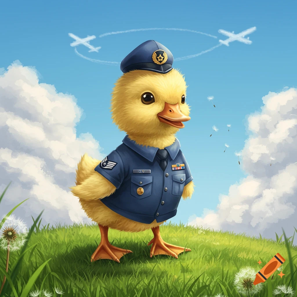 A cute yellow duckling wears a blue military uniform and cap on a grassy hill, with plane contrails in the blue sky.