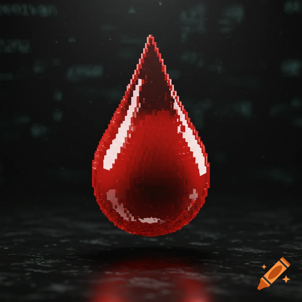 A glossy red blood drop rendered in 3D pixel art, floating above a dark, reflective surface.