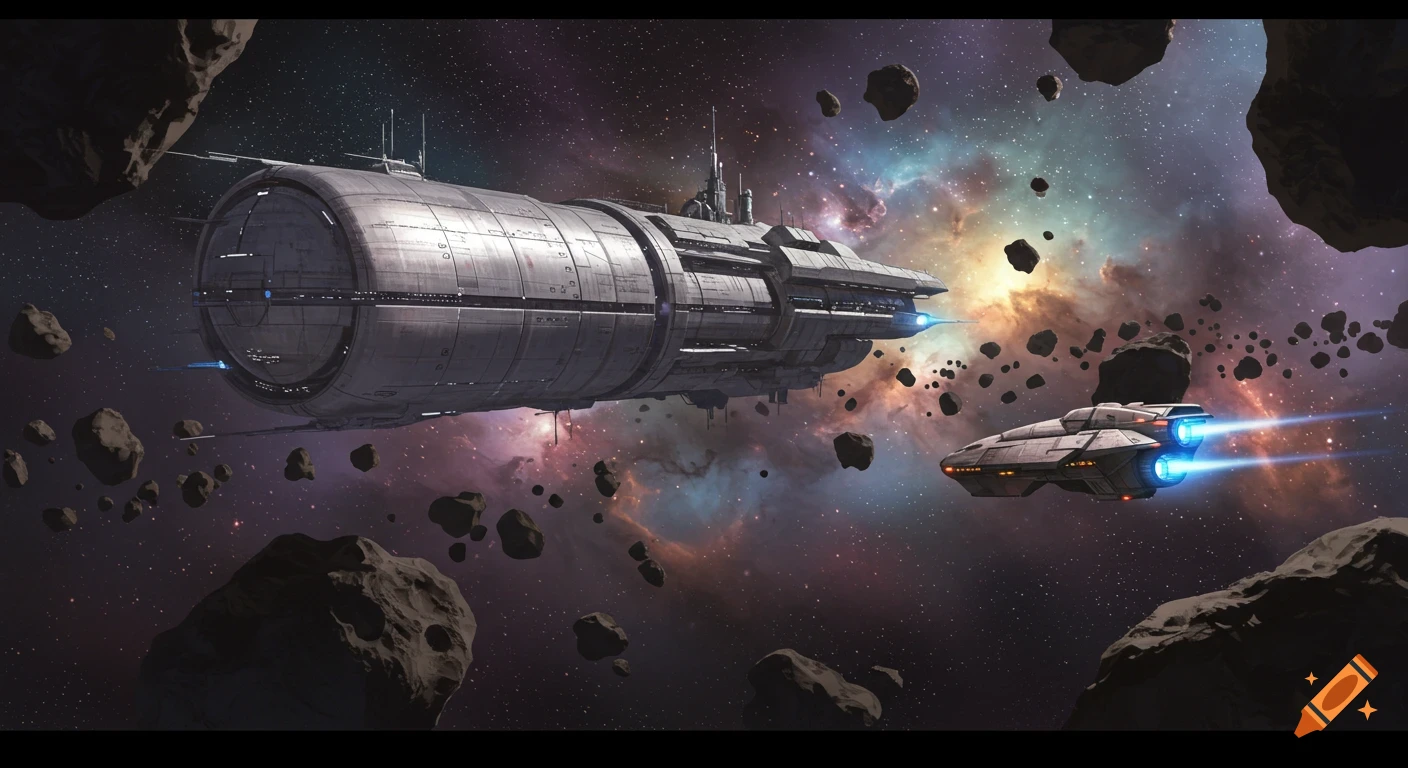 A large grey spaceship and a smaller one with blue thrusters float through a vibrant nebula amidst a field of asteroids.