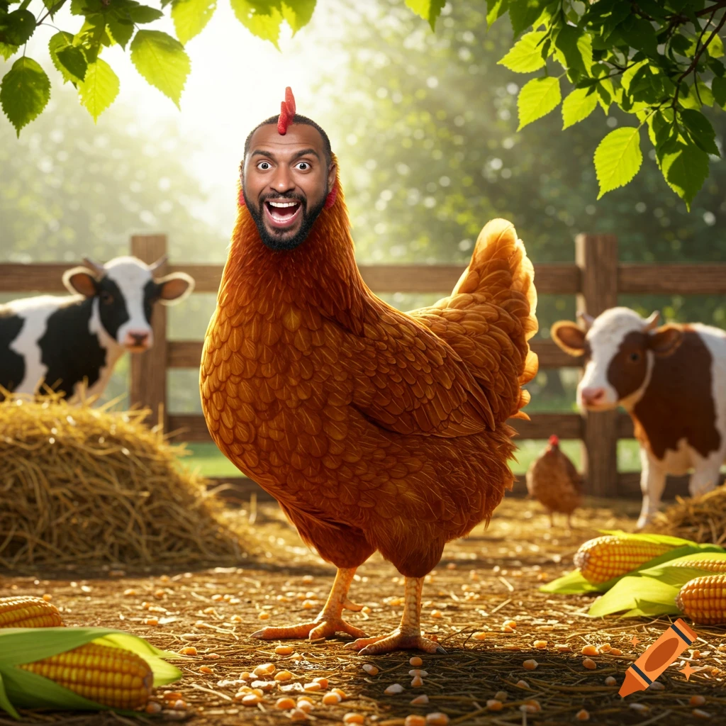 A humorous photorealistic image of a brown chicken with a man's head, standing in a sunny farmyard with cows and corn.