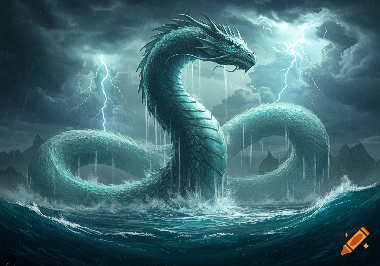 A colossal, teal-scaled sea dragon, the Leviathan, emerges from a stormy ocean with lightning striking in the dark sky.