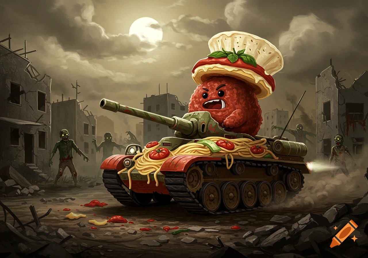 An animated meatball in a pasta-covered tank battles green zombies in a ruined city under a full moon.