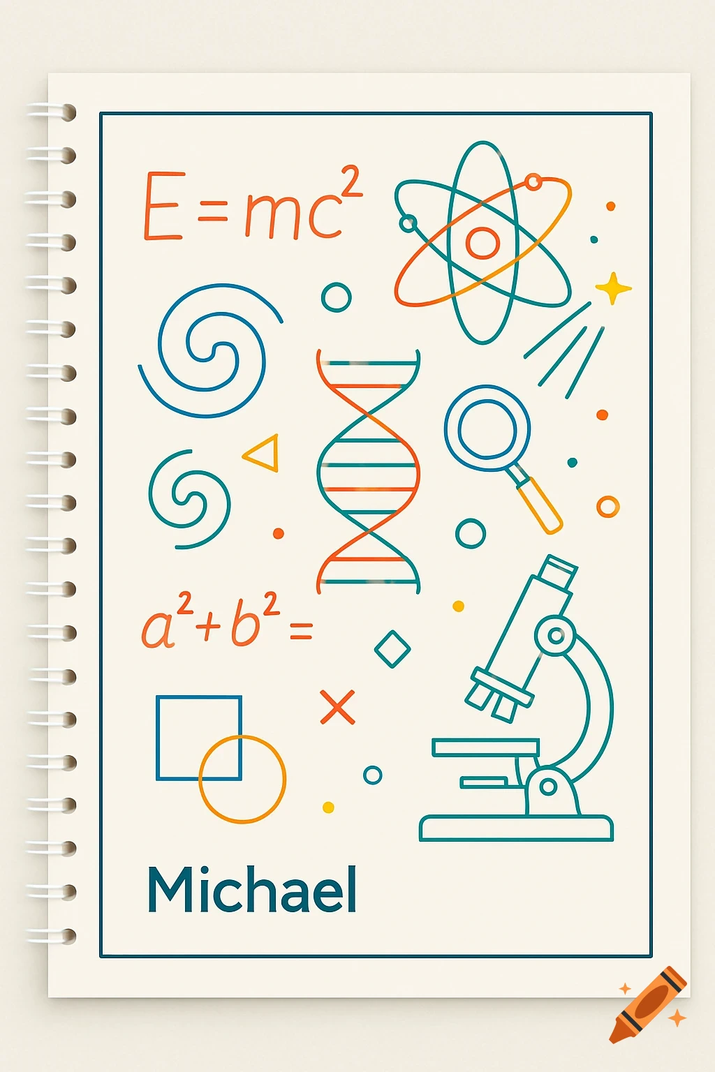 A minimalist notebook cover illustration with various scientific elements like E=mc2, DNA, an atom, a microscope, a magnifying glass, and geometric shapes. The name Michael is in the bottom left corner. The style uses outline drawings in blue, orange, and teal against a cream background.
