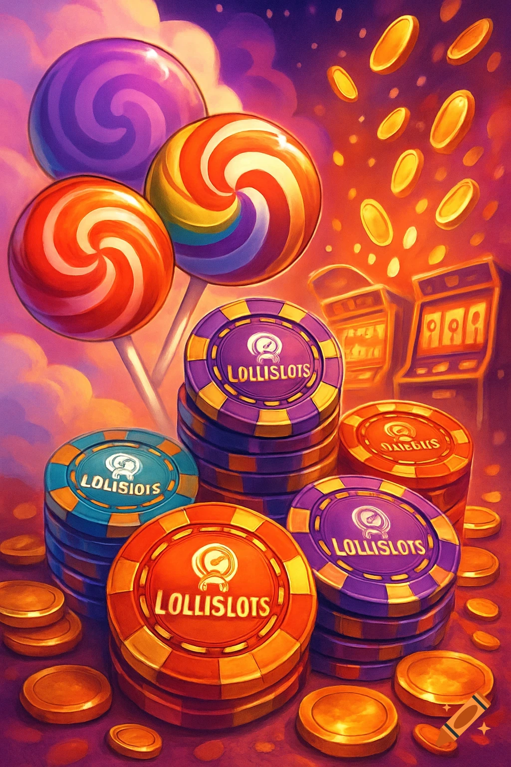 Vibrant illustration of large lollipops next to stacks of colorful gambling chips with coins and blurry slot machines in the background.