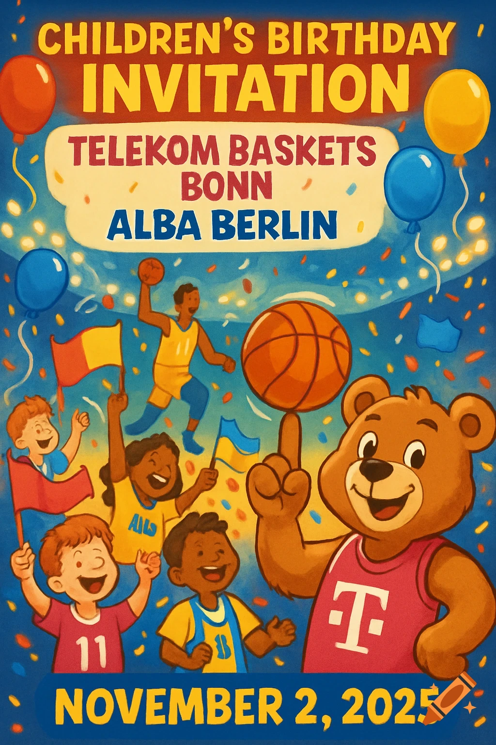 A colorful cartoon birthday invitation for a basketball game, showing a bear mascot, basketball players, and cheering children with balloons and confetti.