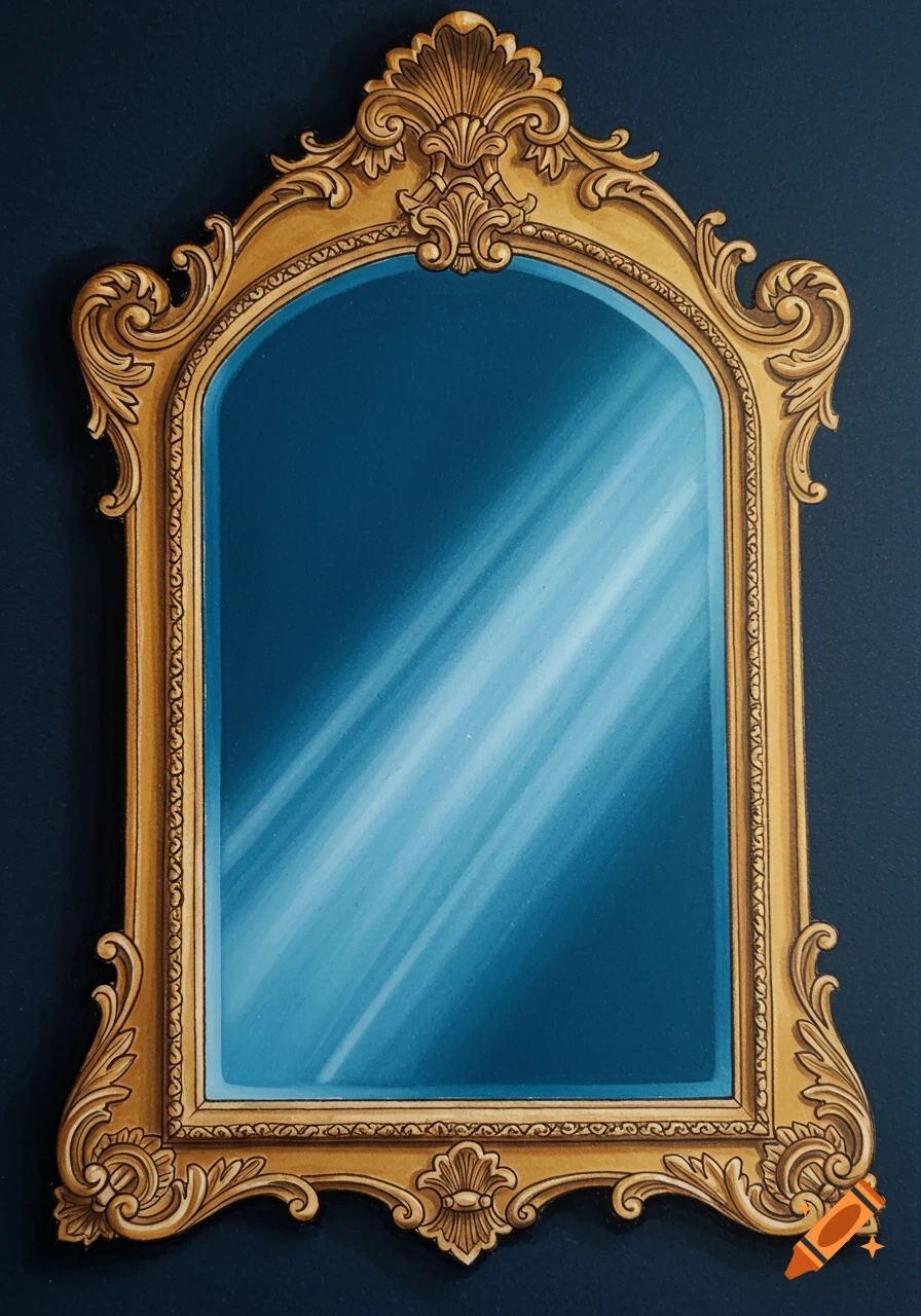 An ornate gold-framed mirror with light blue reflections, drawn against a dark blue background.