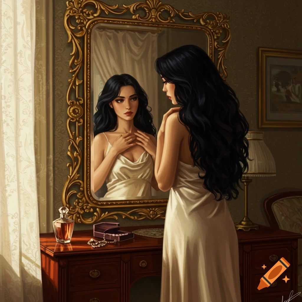 A woman with long dark hair in a white slip dress looks at her reflection in an ornate golden mirror in a lavish bedroom.
