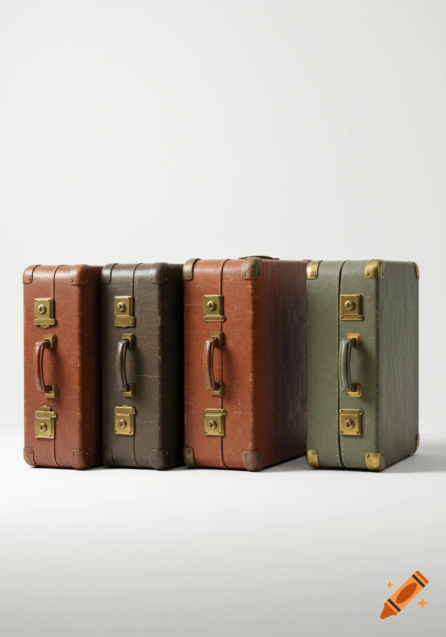 Four vintage suitcases in shades of brown and green stand side by side on a white background.