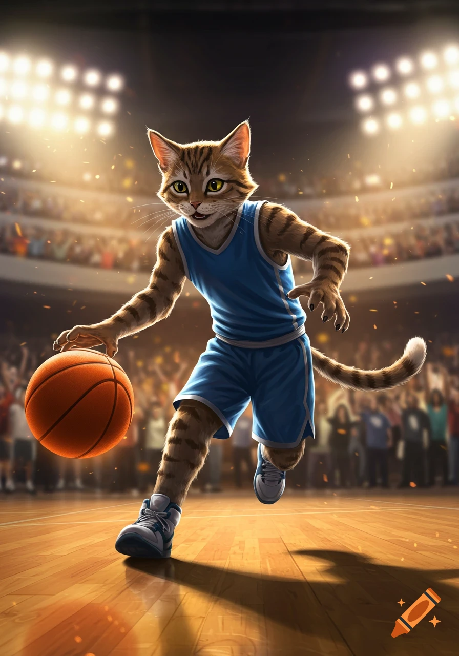 An anthropomorphic tabby cat in a blue uniform dribbles a basketball on a court in a brightly lit arena.