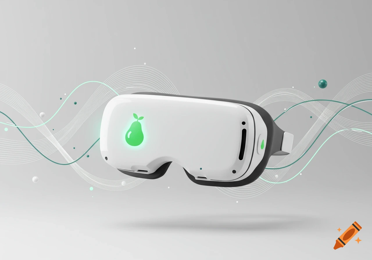 White VR headset with a glowing green pear logo, floating in a minimalist advertising poster style with abstract waves.