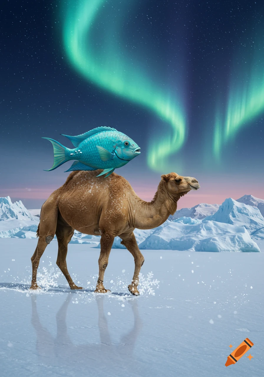 A photorealistic blue fish rides a camel across a snowy arctic landscape under a sky lit by aurora borealis.
