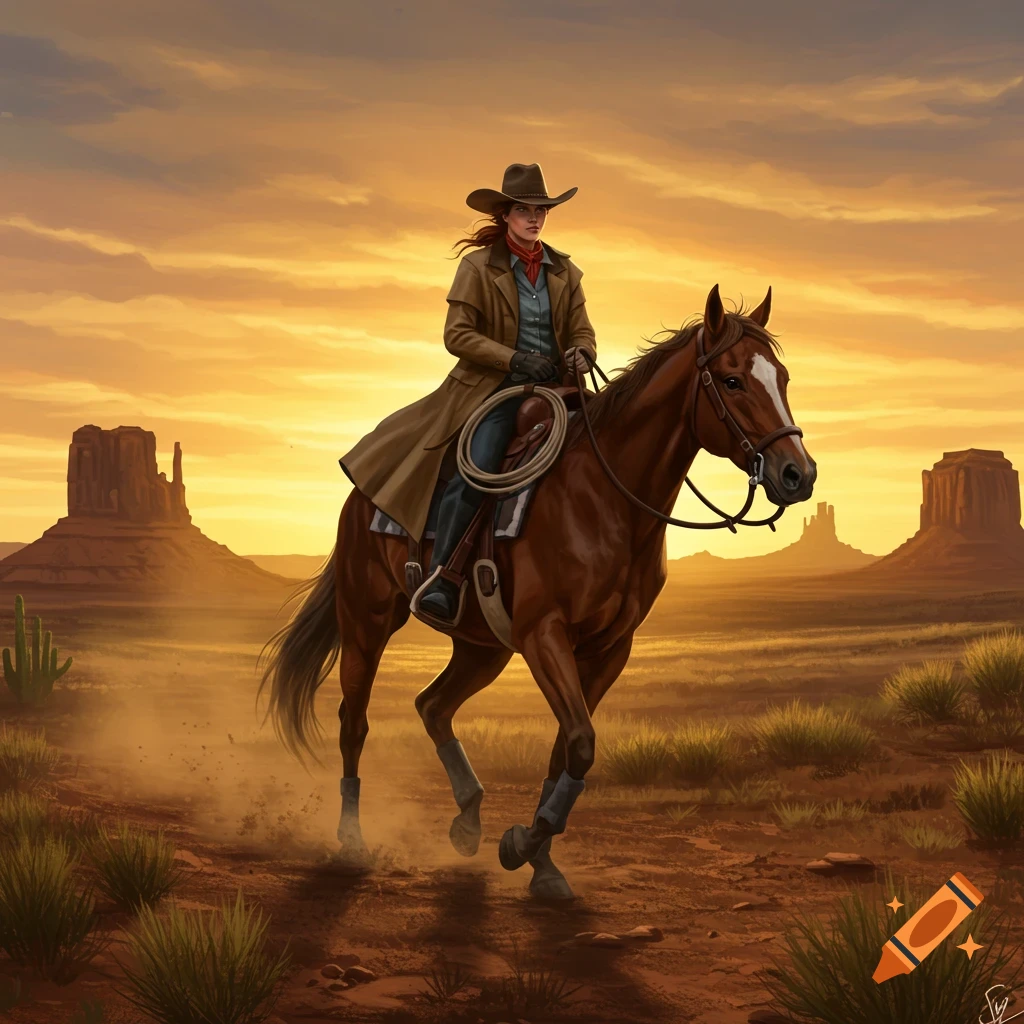 A woman on horseback rides through a vast desert landscape with mesas under a golden sky. Digital painting.