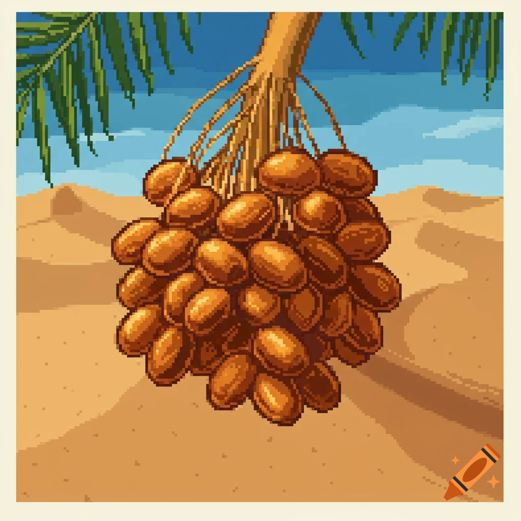 Pixel art illustration of a cluster of dates hanging from a palm tree against a desert landscape.