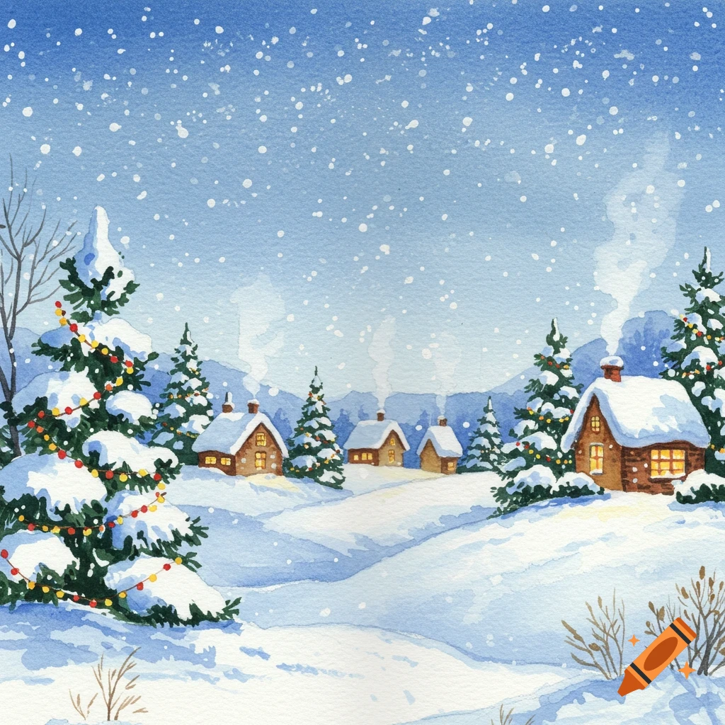 Watercolor painting of a snowy Christmas village with decorated fir trees, cozy houses, and falling snow.