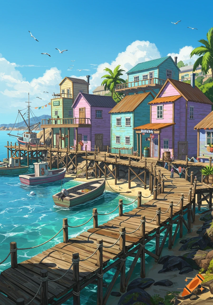 Colorful coastal village with houses on stilts over clear blue water, wooden docks, and fishing boats, under a sunny sky.