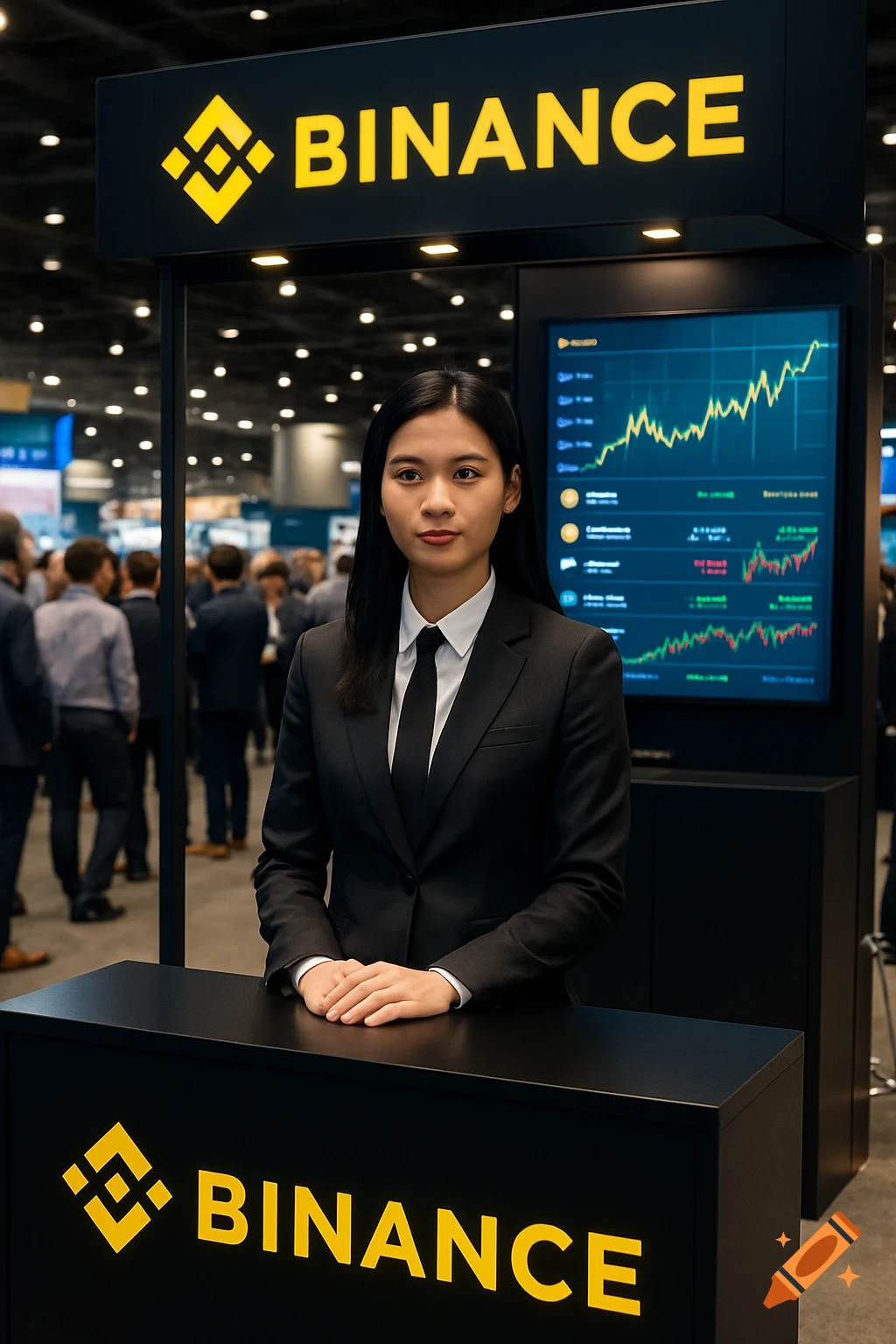 A Vietnamese Binance account manager stands at a Binance-branded booth at a financial exhibition, featuring digital screens.