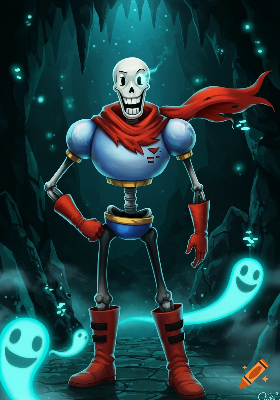 Papyrus the skeleton in his blue torso armor, red scarf, and red boots, stands smiling in a glowing blue cave with friendly ghosts.