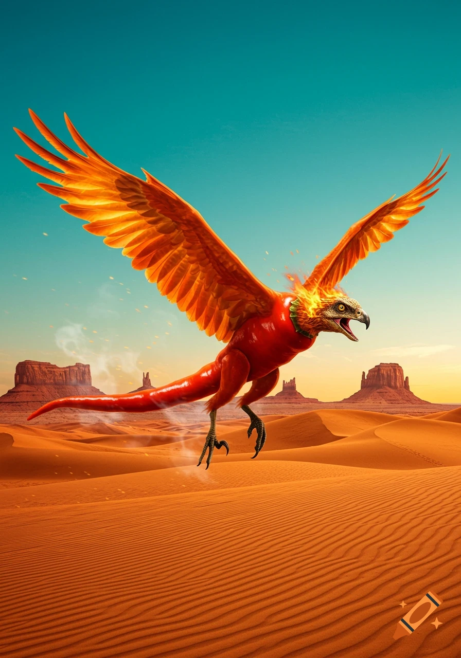 A vibrant, flying fantasy creature with a red chili pepper body, fiery orange wings, and a raptor head soars over an orange desert with mesas under a teal sky.