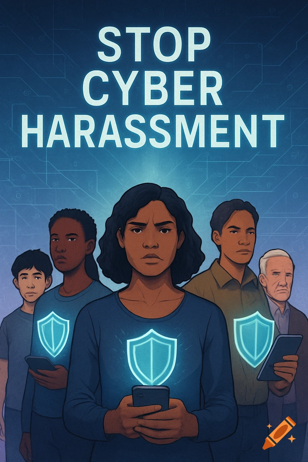 Illustration of diverse people with glowing shield icons on phones against a circuit board background, text 'STOP CYBER HARASSMENT'.