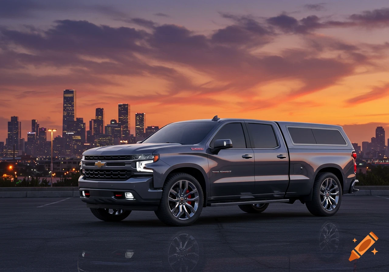 Dark gray pickup truck with bed topper parked on asphalt at sunset, city skyline in background. Photorealistic.