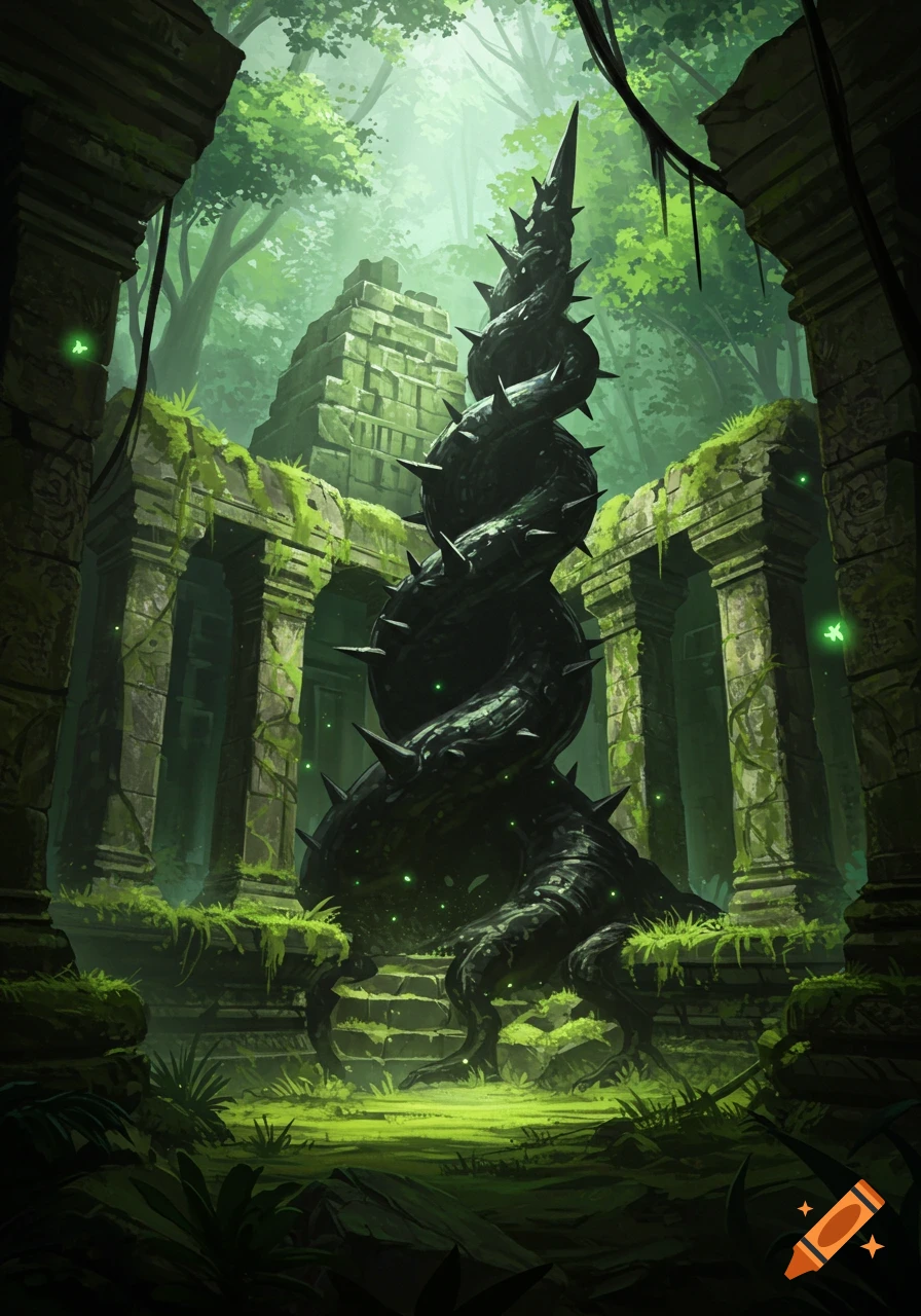 A gigantic black thorny plant emerges from moss-covered ancient temple ruins in a lush, misty jungle, in a fantasy art style.