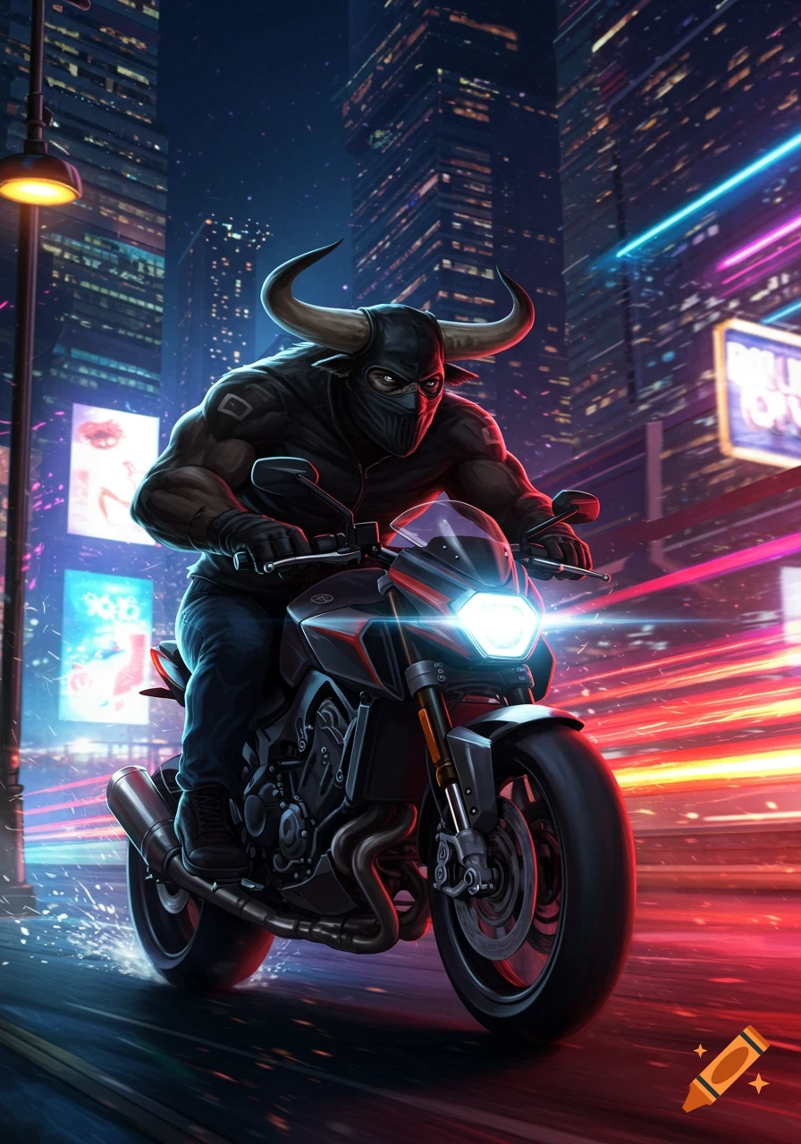 A muscular minotaur in a balaclava rides a futuristic motorcycle through a neon-lit cyberpunk city at night, digital art.