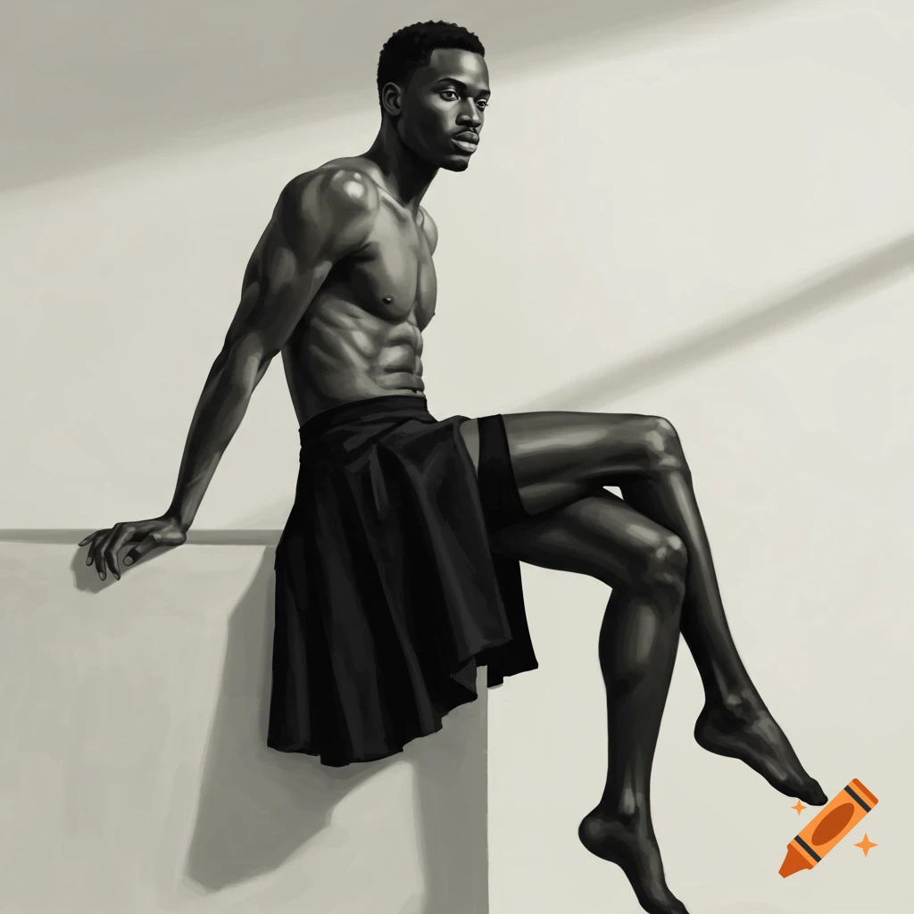 Digital painting of a shirtless Black man in a black mini skirt and dark tights, seated on a white block against a light background.