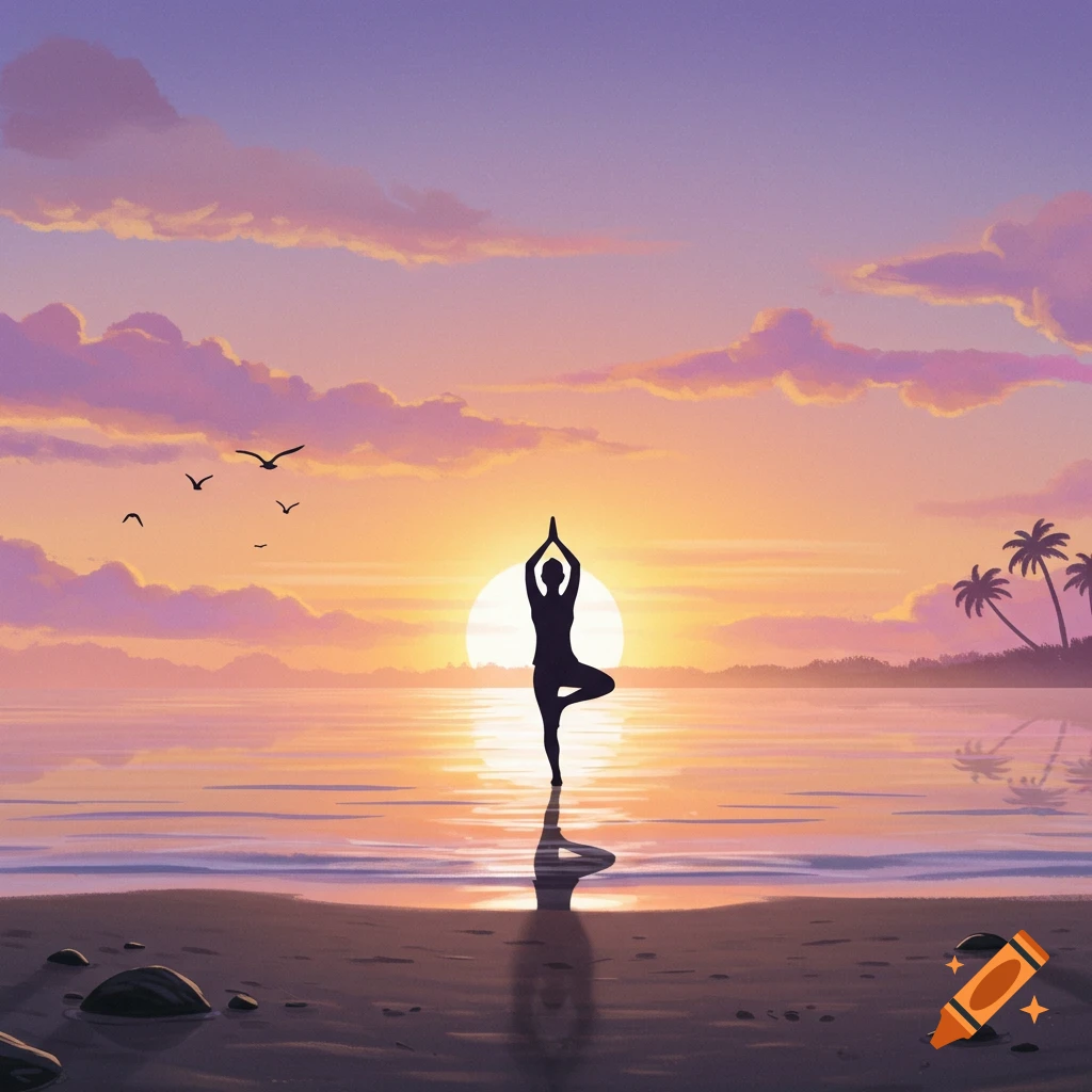Silhouette of a person in tree pose yoga on a beach at sunset, with colorful clouds, ocean reflection, and distant palm trees.