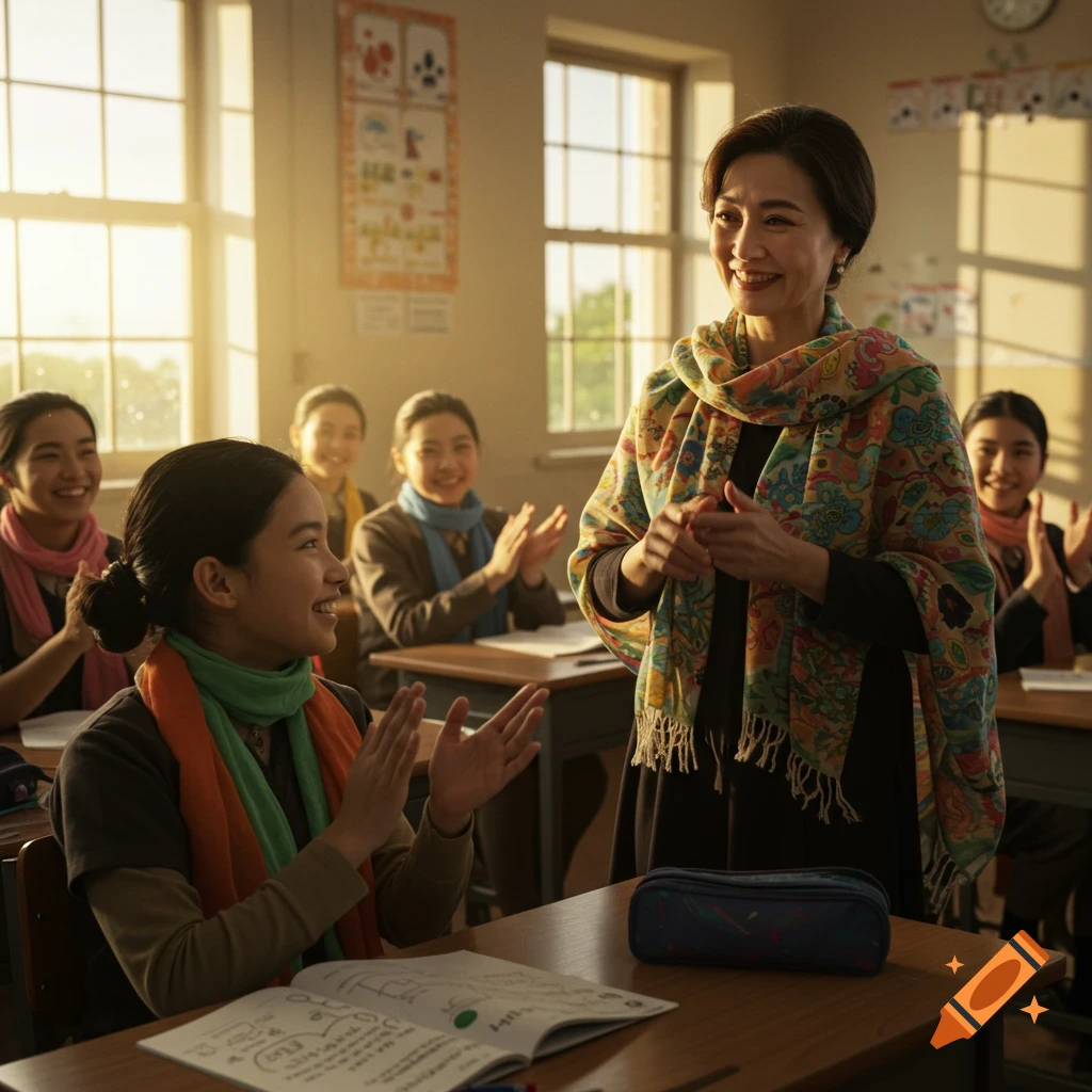 A smiling female teacher with a colorful scarf stands in a sunlit classroom as her female students, also wearing scarves, clap for her.