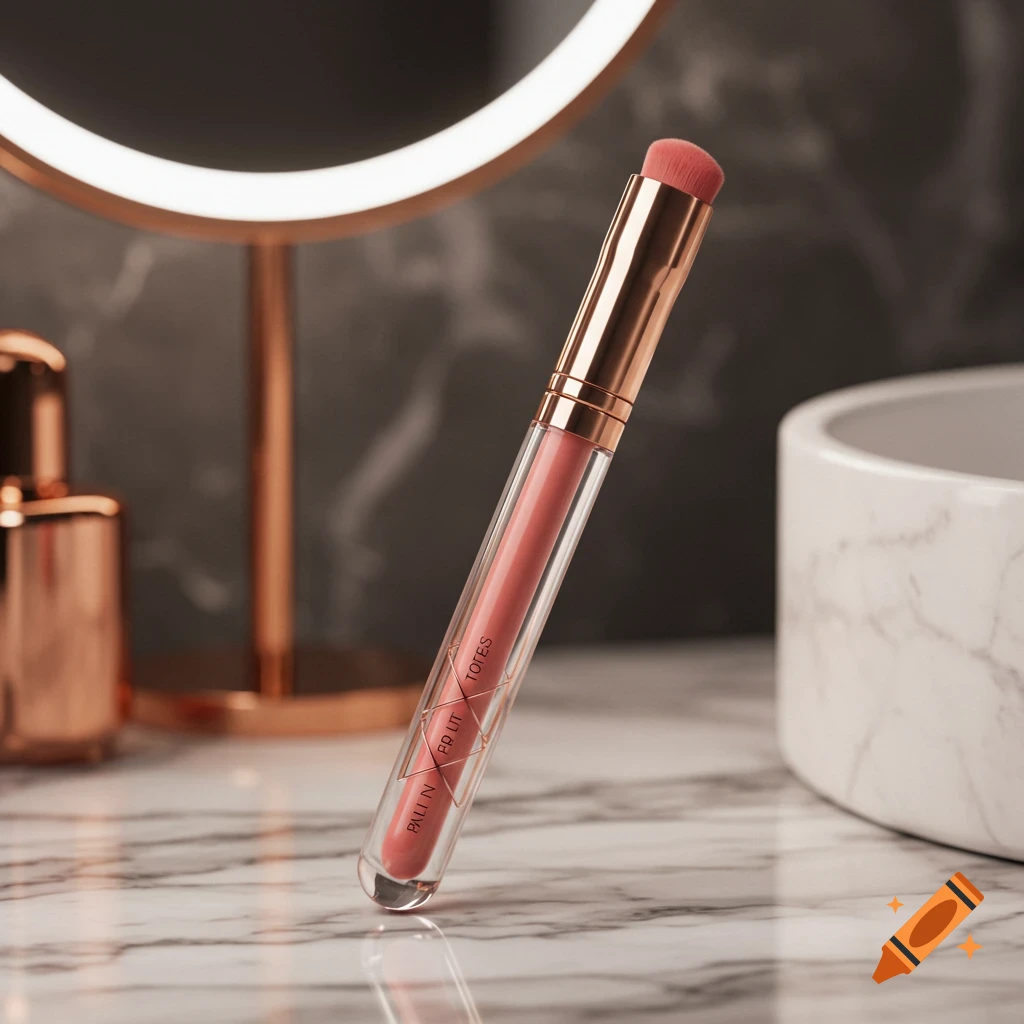A rose gold and pink lip brush stands on a white marble counter with a backlit mirror in the background.