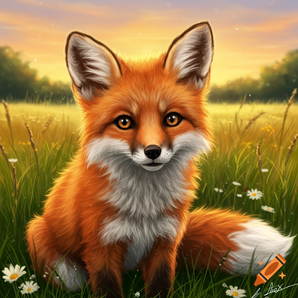 A cute red fox with white fur on its chest sits in a grassy field with white flowers, at sunset, in an illustrative style.