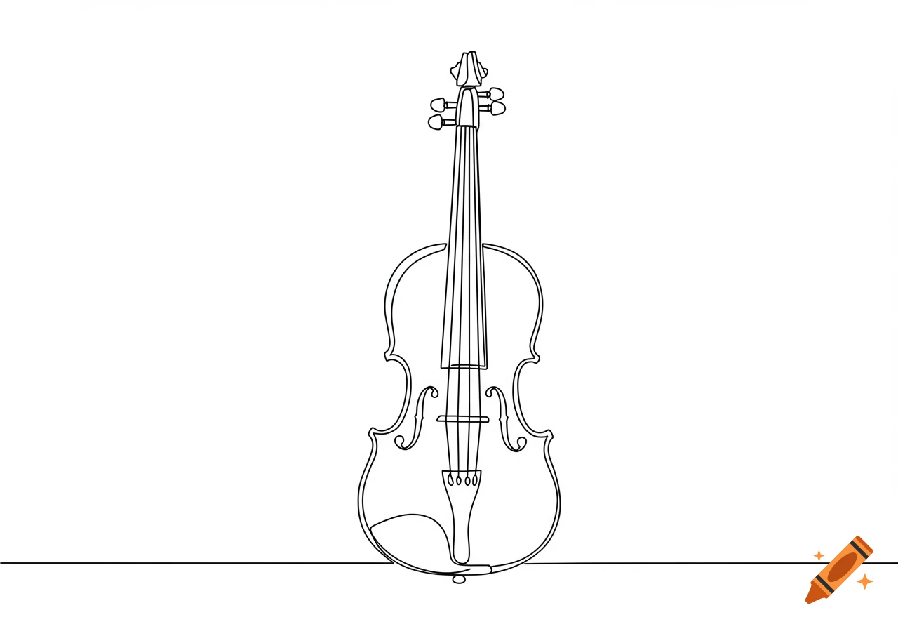 A minimalist black and white continuous line art drawing of a violin with a simple, elegant design.