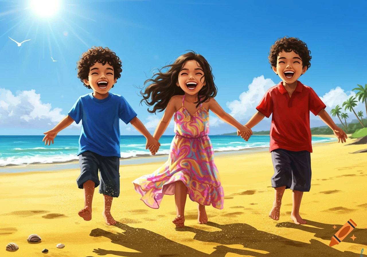 Illustrated image of three happy children, two boys and a girl, running hand-in-hand on a sunny sandy beach.