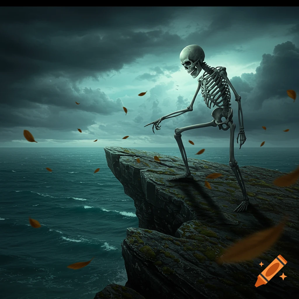 Photorealistic image of a skeleton pointing from a rocky cliff overlooking a stormy sea with dark clouds and falling leaves.