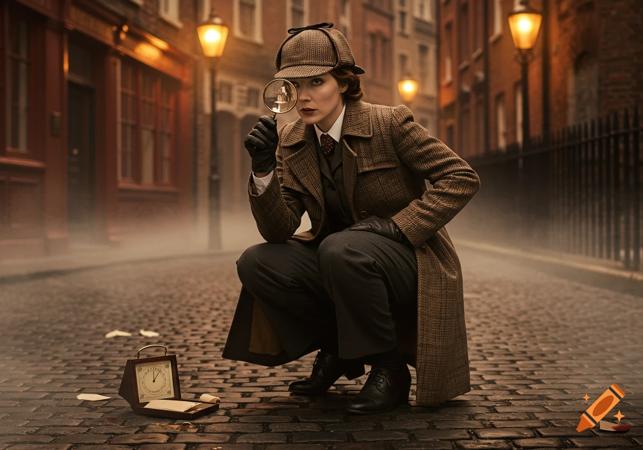 A woman in a tweed coat and deerstalker hat crouches on a foggy cobblestone street, peering through a magnifying glass.