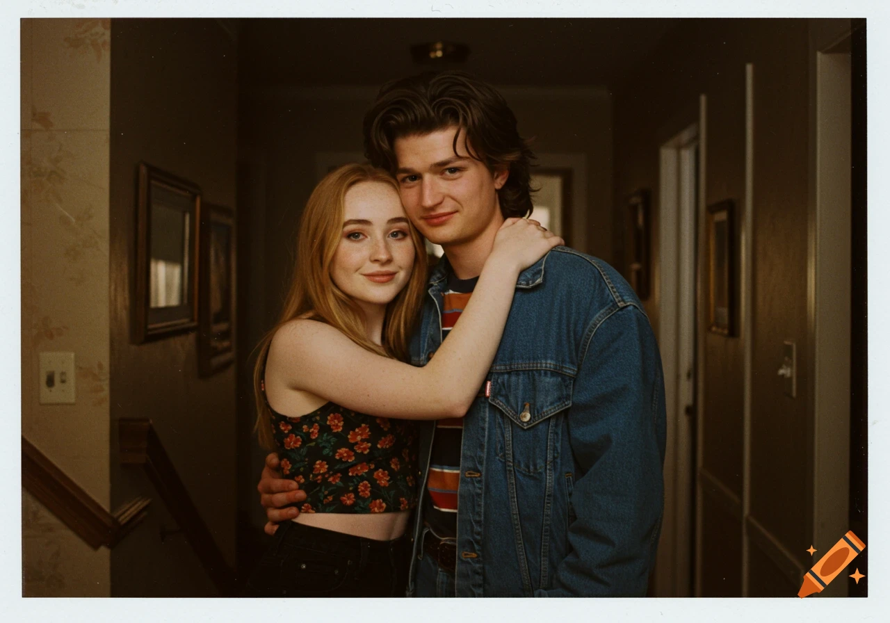 A young couple in a cozy 1980s house, hugging and smiling in a warm, Polaroid-style photo.