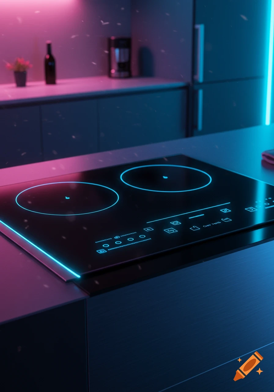 A futuristic electric induction stove glows with neon blue light in a kitchen with pink and blue lighting.