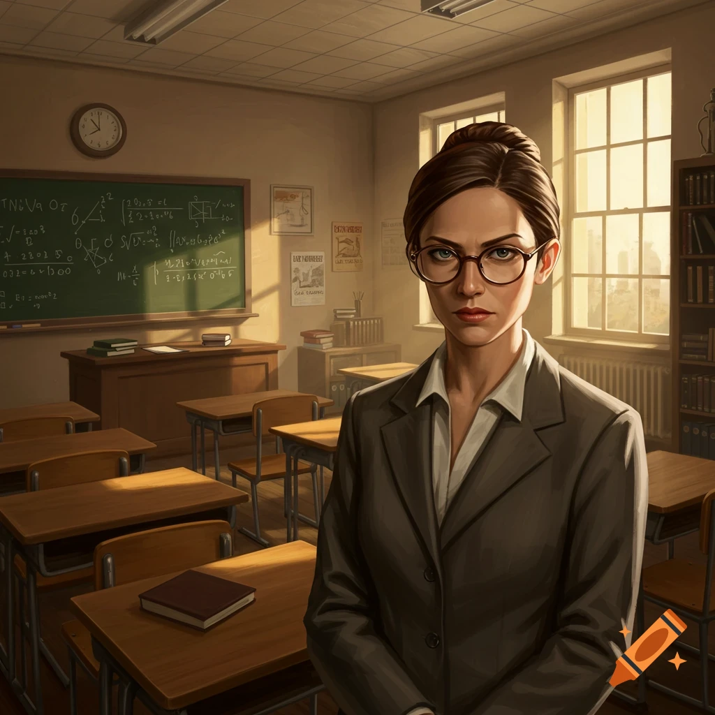 A serious-looking female teacher in a suit and glasses stands in a sunlit classroom with a blackboard in the background.