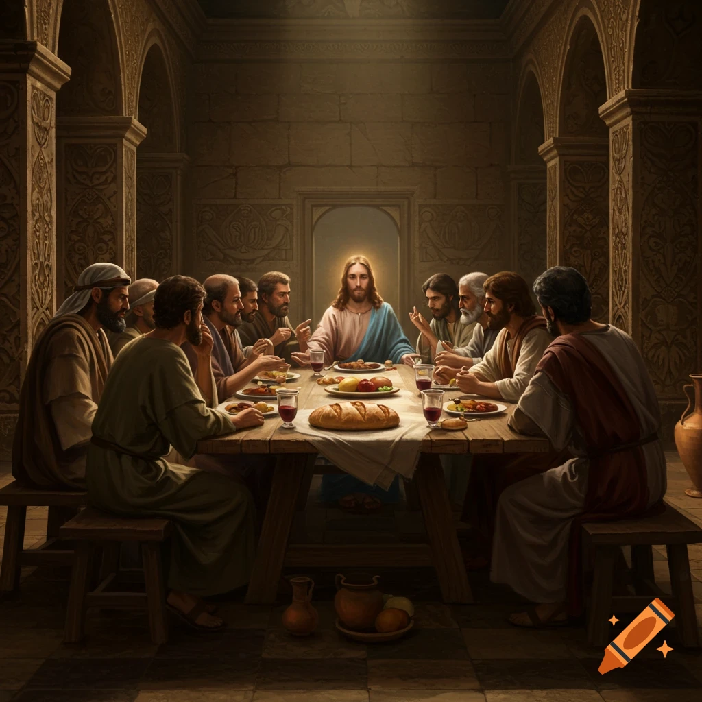 A realistic depiction of The Last Supper, with Jesus and 12 disciples gathered around a long table with bread and red wine in an ancient stone room.