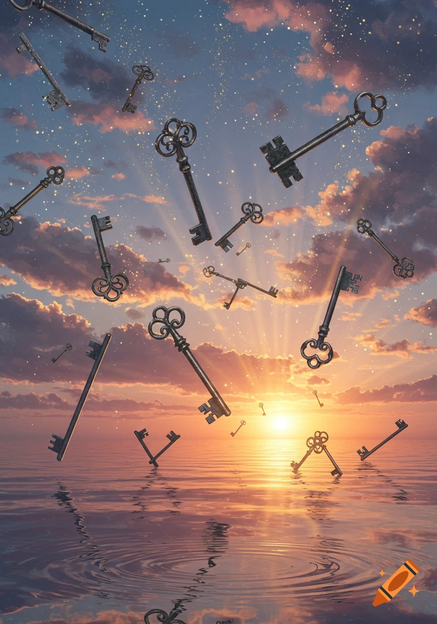 Many ornate keys fall from a starry sky with pink clouds into calm water, reflecting a bright sunset.