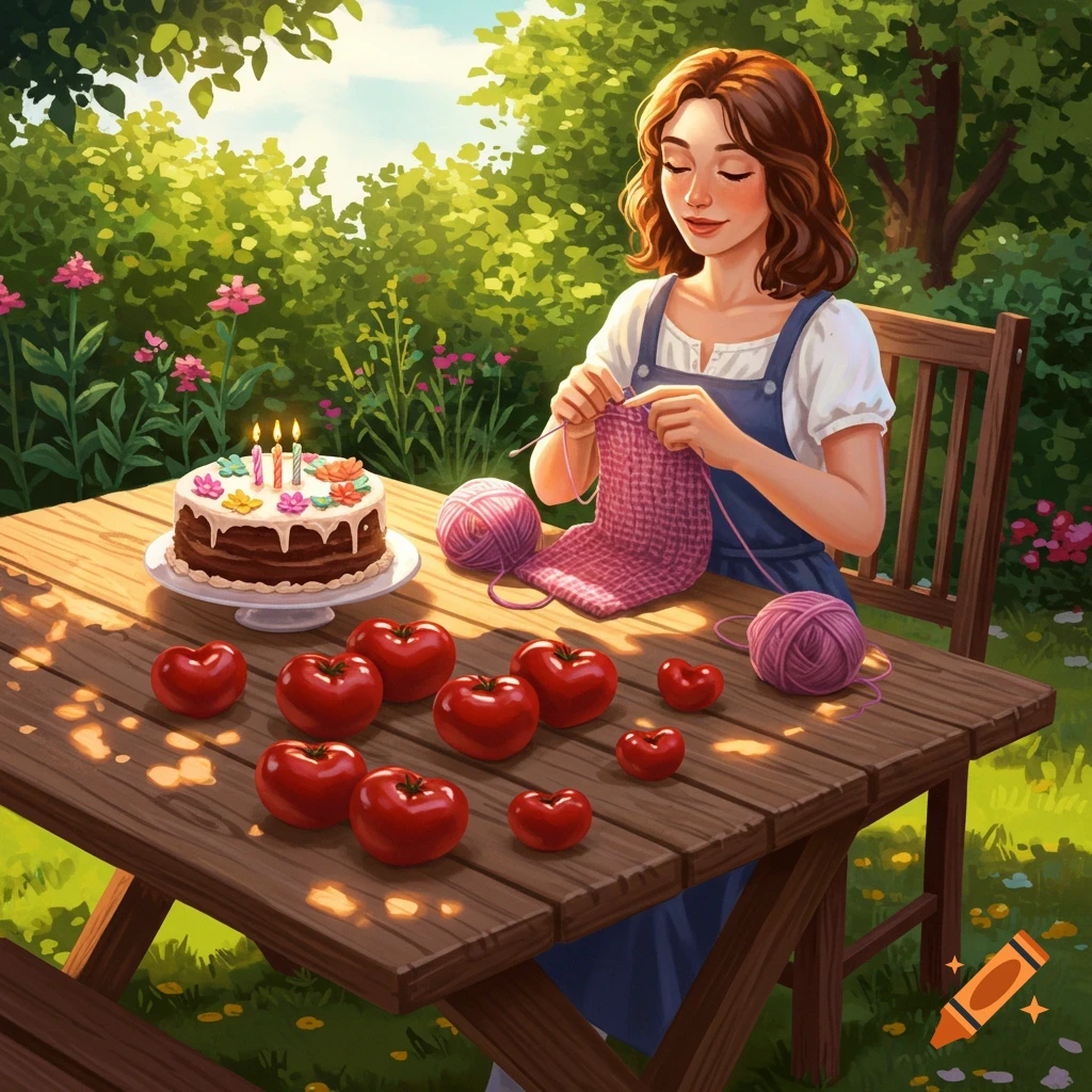Illustrated woman knitting at a garden table with a birthday cake, heart-shaped tomatoes, and pink yarn.