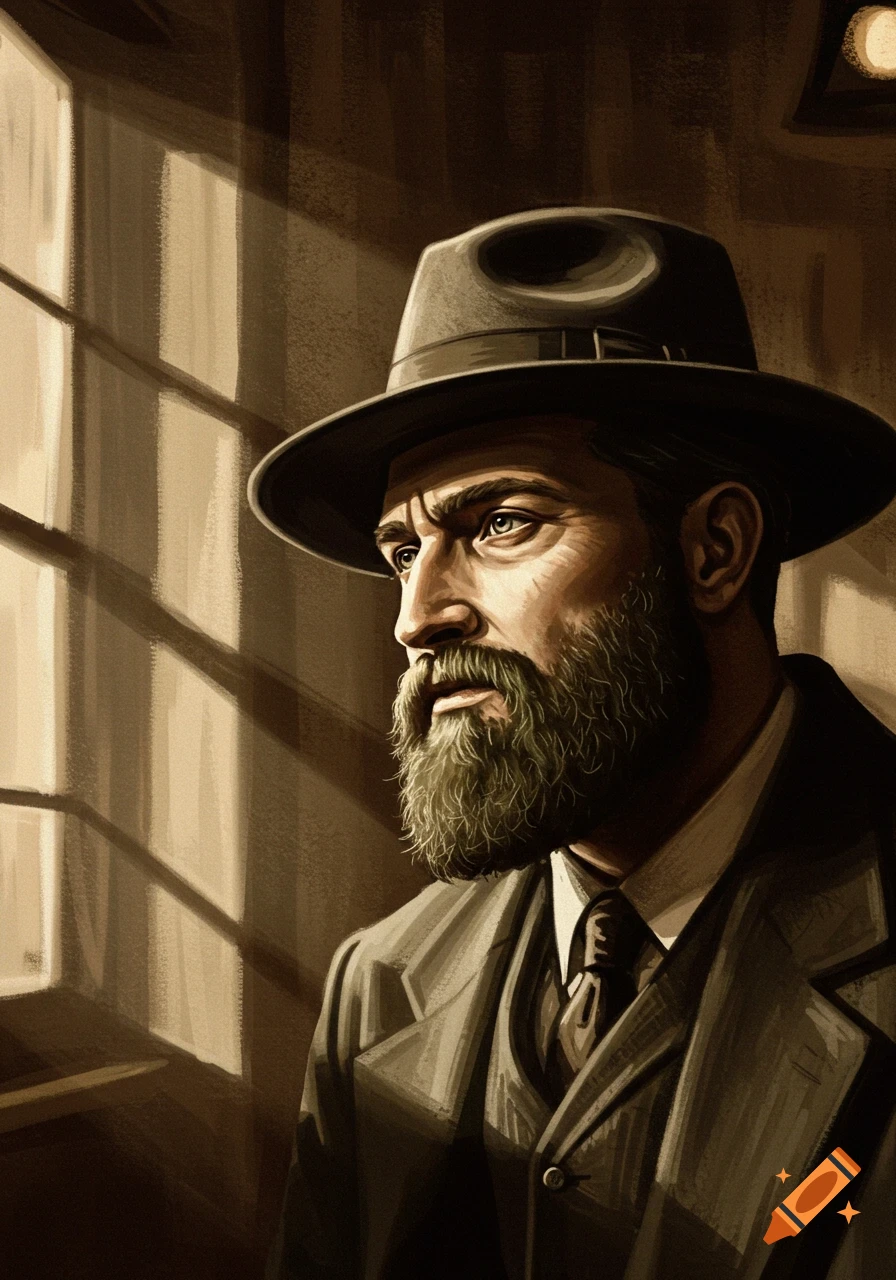A moody, stylized portrait of a bearded man in a fedora and suit, looking out a window with light streaming in.