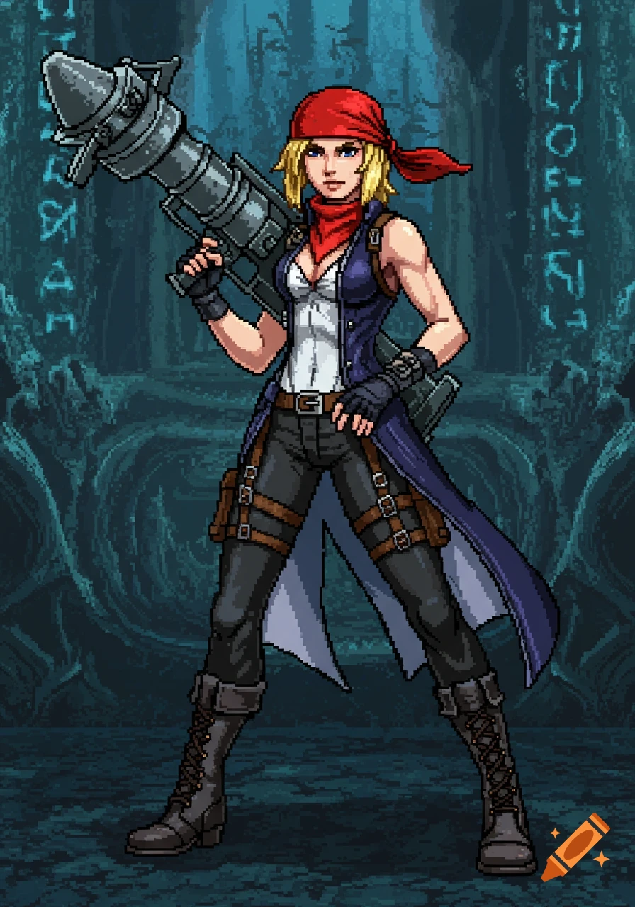 Pixel art of a blonde woman in a red bandana and tactical gear, holding a rocket launcher, standing against a dark, ruin-like background.